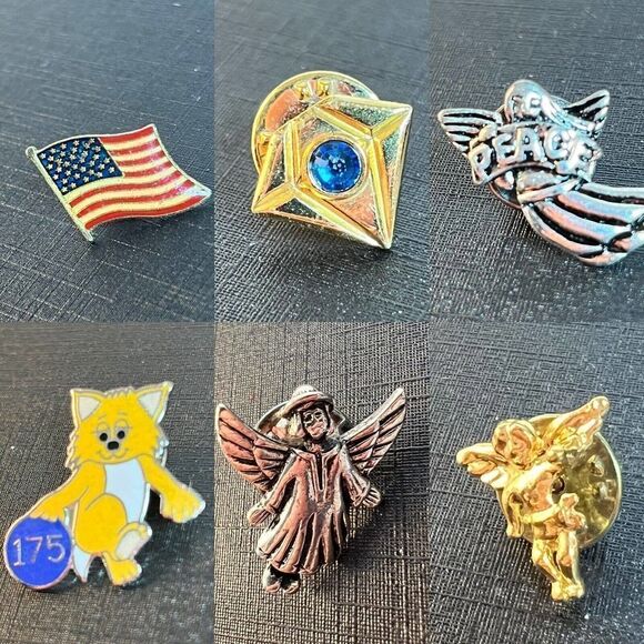 Assortment of 6 Pins Angels, Bowling, Flag - Picture 1 of 12